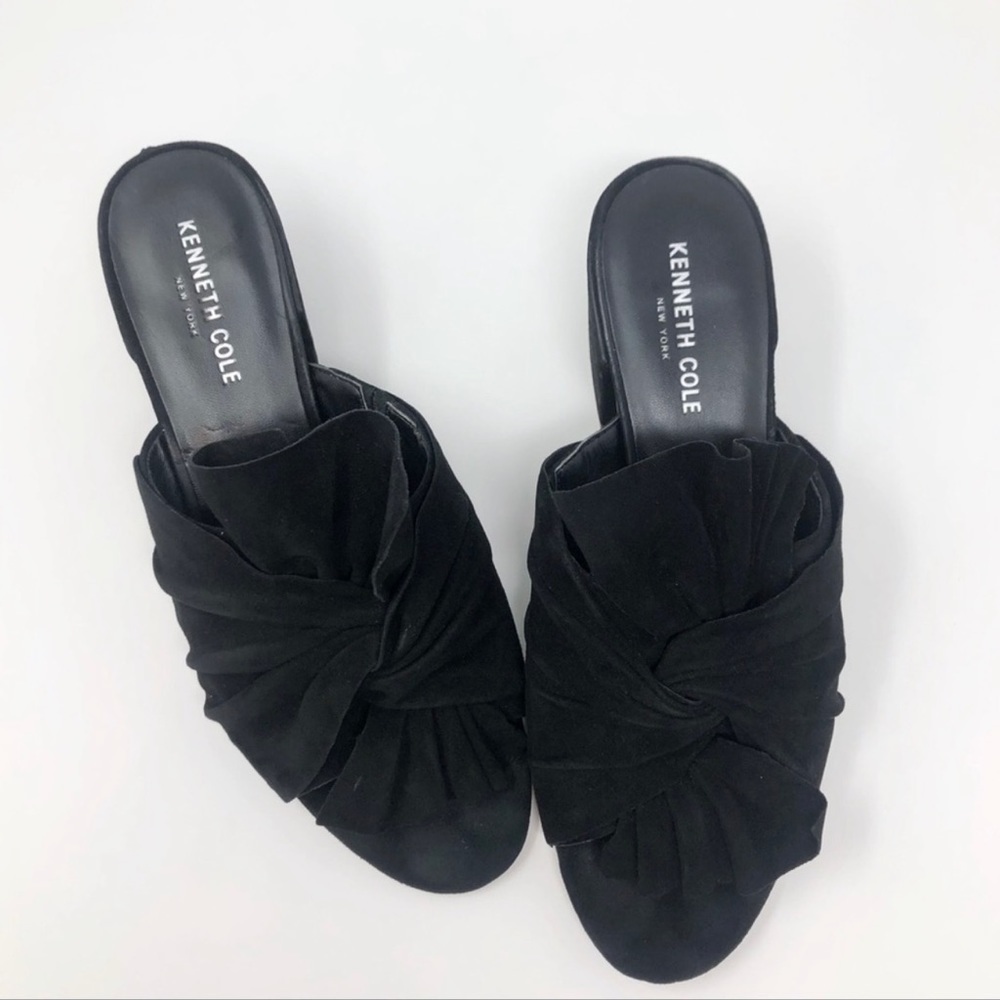 KENNETH COLE Vali Black Suede Bow Mule Heel Block Sandal Shoes